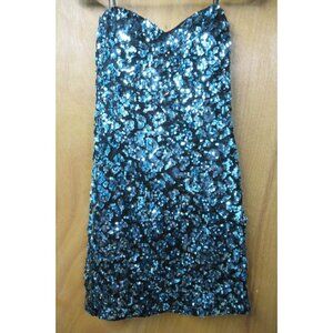 Sparkle Turquoise & Black Sequin Strapless Party Mini Dress Small PROM Dance
